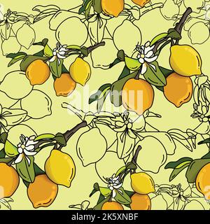 Tropisches Nahtmuster mit gelben Zitronen. Frucht wiederholt Hintergrund. Vektor hellen Druck für Stoff oder Tapete. Stock Vektor