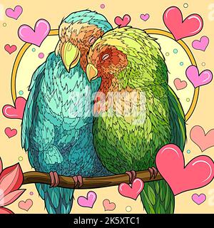 Illustration eines Paares von Liebvögeln auf einem Baumzweig mit einem romantischen Thema Stockfoto