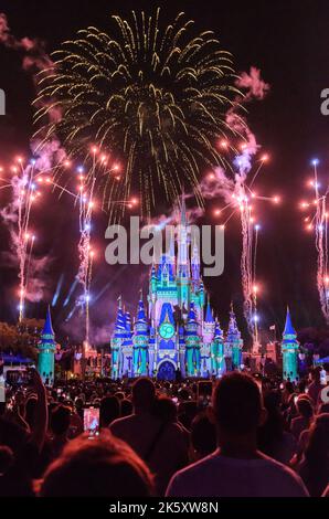 Das nächtliche Feuerwerk vor dem Disney Castle im Magic Kingdom in Disney World, Orlando, Florida Stockfoto