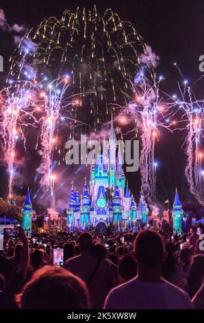 Das nächtliche Feuerwerk vor dem Disney Castle im Magic Kingdom in Disney World, Orlando, Florida Stockfoto