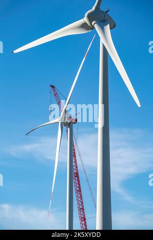 Montage einer Windkraftanlage, das letzte Rotorblatt wird montiert, LKW-Kran, Windkraftanlage des Herstellers Enercon, Windpark bei Bad Stockfoto