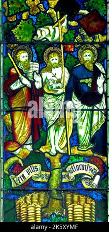 Moses, St. Johannes der Täufer, Elijah, Glasfenster, von Charles Kempe, 1879, Stanhoe, Norfolk Stockfoto