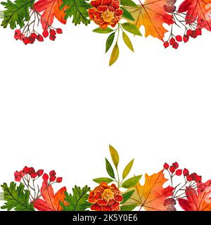 Grüne Blätter und Herbstbeeren, die von Aquarell bemalt sind. Handgezeichnete Abbildung. Stockfoto