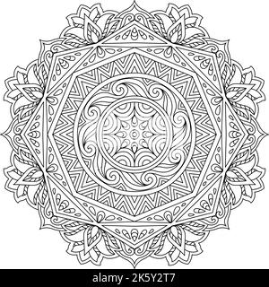 Komplizierte ethnische indische Mehndi Henna Tattoo Runde Mandala für Entspannung Malvorlagen. Stock Vektor