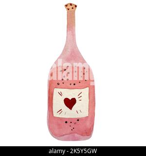 Rosa niedliche Valentinsflasche mit rotem Herz Aquarell Illustration. Handgezeichnetes Bild für Design, Wohnkultur, Stoffe, Drucke, Textilien, Auto Stockfoto