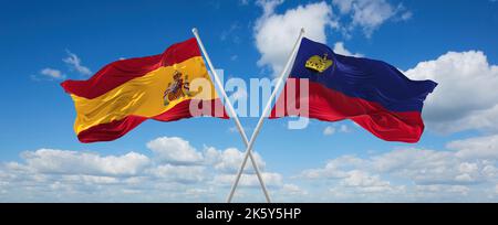 Zwei gekreuzte Flaggen Liechtenstein und spanien winken im Wind bei bewölktem Himmel. Konzept der Beziehung, des Dialogs, des Reisens zwischen zwei Ländern. 3D illustrative Stockfoto