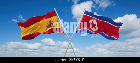 Zwei gekreuzte Fahnen Nordkoreas und spaniens winken im Wind bei bewölktem Himmel. Konzept der Beziehung, des Dialogs, des Reisens zwischen zwei Ländern. 3D illustrat Stockfoto