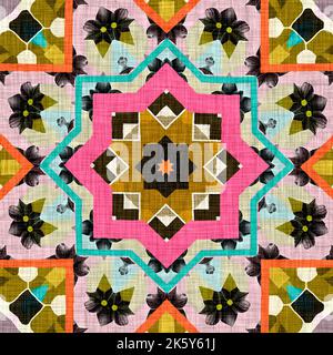 Kitschig gemustertes geometrisches Retro-Design in nahtlosem Hintergrund. Trendy modernen Boho Geo in lebendigen bunten Grafik Illustration. Wiederholen Sie die Kachel für Stockfoto