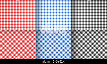 Satz von nahtlosen Gingham-Mustern. Rot, blau, schwarz und weiß karierte vichy-Texturen für Ostern oder Weihnachten Picknickdecke, Tischdecke, Karo. Geometrische Stoffhintergründe. Vektorgrafik flach Stock Vektor