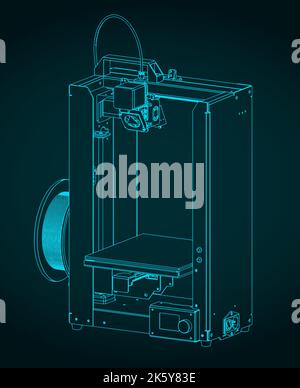 Stilisierte Vektor-Illustrationen von Blaupausen des 3D Printer Stock Vektor