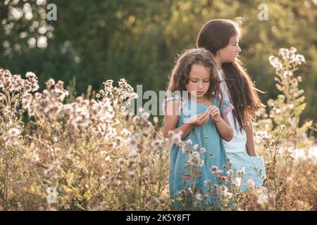 Zwei Mädchen in der Natur pflücken Blumen in der untergehenden Sonne Porträt Stockfoto