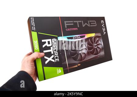 EVGA GeForce RTX 3090 Nvidia GPU Box, isoliert auf weiß Stockfoto