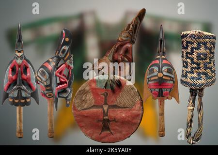 Native American Art - Shak Shak, Rassel und Trommel Stockfoto