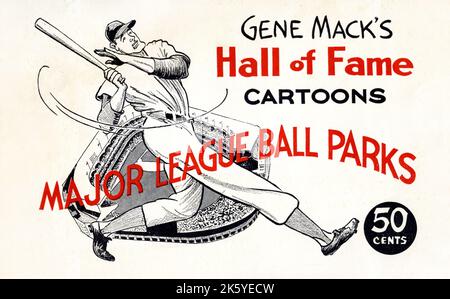 Cover-Illustration des Booklets mit Zeichnungen von alten Baseballspielern der Hall of Fame von Gene Mack. Stockfoto