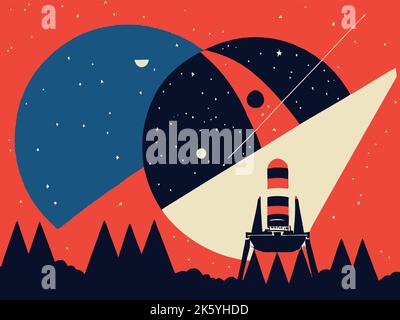 Eine Raumstation mit einer Rakete am Nachthimmel voller Sterne Stock Vektor