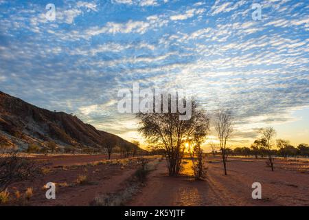 Atemberaubender Sonnenuntergang mit Makrelenhimmel über der Arookara Range, Simpson Desert, Australian Outback, Northern Territory, NT, Australien Stockfoto