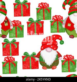 Handgezeichnetes nahtloses Aquarellmuster mit skandinavischen Weihnachtsgnomen. Rot grün festlich nordischen Ornament niedlichen Hüte lustige Winter Hintergrund Stockfoto