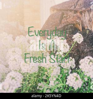 Inspirierende Zitate „ Everyday is a Fresh Start “ auf schönem Gartenhintergrund Stockfoto