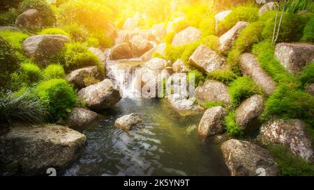 Landschaft von kleinen Wasserfall im Dschungel mit grünem Moos. Stockfoto