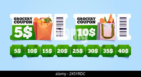 Einkaufsgutscheine, Geschenkgutschein für Supermarkt oder Laden. Rabatt, Verkauf Tags Vorlage mit Baumwolle und Papier Einkaufstaschen mit Lebensmitteln, Vektor-Cartoon-Illustration Stock Vektor