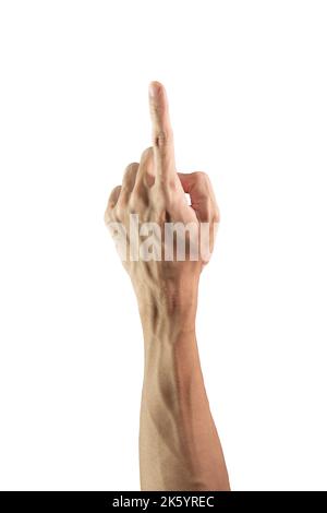 Zeigt Männer linke Hand isoliert auf weißem Hintergrund Stockfoto