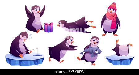 Niedliche Pinguin Charakter in verschiedenen Posen im Winter. Lustige antarktische Vogel, Pinguin auf Eisfischen, Rutsche, stecken in Schneewehe, mit Fisch und Geschenkbox, Vektor-Cartoon-Set isoliert auf weißem Hintergrund Stock Vektor