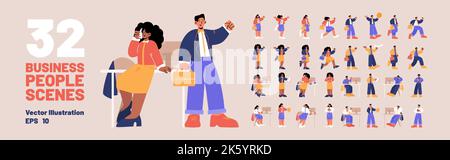 Business People Szenen mit verschiedenen Männern und Frauen am Arbeitsplatz mit Tisch und Computer, gehen und laufen. Büroangestellte mit Aktentaschen und Telefonen, Vektorgrafik flach Stock Vektor