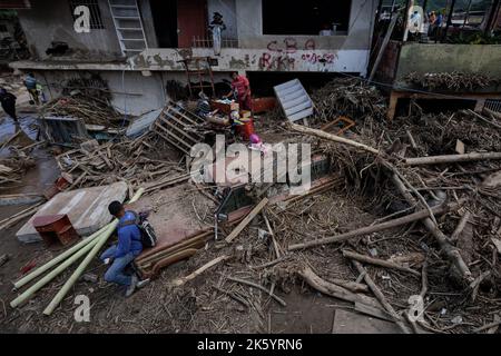 Las Tejerias, Venezuela. 10. Oktober 2022. Nach Überschwemmungen und einem Erdrutsch sitzt ein Mann im Wrack eines Autos. Nach dem Sturm 'Julia' ist die Verwüstung groß. Nach offiziellen Angaben starben in Mittel- und Südamerika insgesamt mindestens 59 Menschen an den Folgen von Stürmen und Überschwemmungen. Die Zahl der Todesopfer nach einem Erdrutsch in Venezuela ist auf mindestens 34 gestiegen. Kredit: Jesus Vargas/dpa/Alamy Live Nachrichten Stockfoto