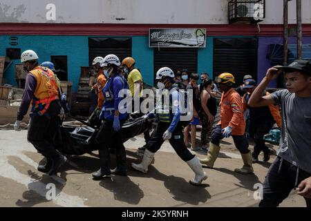 Las Tejerias, Venezuela. 10. Oktober 2022. Such- und Rettungskräfte tragen nach Überschwemmungen und einem Erdrutsch den leblosen Körper einer Frau. Die Verwüstung ist nach dem Sturm „Julia“ weit verbreitet. Nach offiziellen Angaben starben in Mittel- und Südamerika insgesamt mindestens 59 Menschen an den Folgen von Stürmen und Überschwemmungen. Die Zahl der Todesopfer nach einem Erdrutsch in Venezuela ist auf mindestens 34 gestiegen. Kredit: Jesus Vargas/dpa/Alamy Live Nachrichten Stockfoto