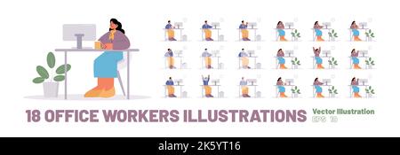 Große Serie von Büromitarbeitern, flache Vektorgrafik. Männliche und weibliche Charaktere sitzen am Computertisch isoliert auf weißem Hintergrund. Glücklich, zufrieden mit dem Erfolg, traurig und müde von stressigen Job Stock Vektor