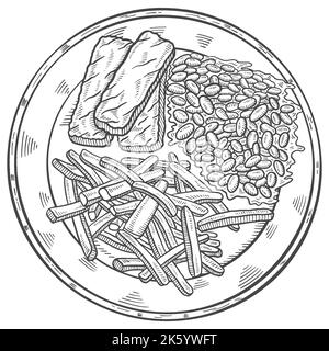 Fisch Finger und Bohnen britische oder englische Küche isoliert Doodle handgezeichnete Skizze mit Umriss Stil Vektor Illustration Stockfoto