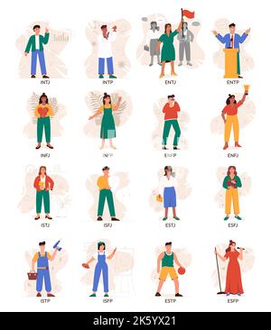 Satz MBTI-Personentypen. Socionics mbti. Persönlichkeitstest. Konzept des Verstandesverhaltens. Flache Vektorgrafik Stock Vektor