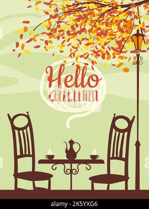 Hallo Coffee Street Cafe, draußen, Baum, Herbststimmung, Nacht Stock Vektor