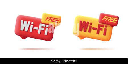 Kostenloses WiFi-Zeichen, 3D Illustration spach Blase mit Text, rot und gelb Symbol, isoliert Stock Vektor