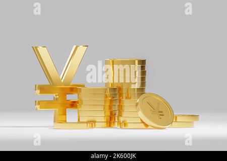 Goldenes Yuan- oder Yen-Währungszeichen. Goldmünzen in Yen oder Yuan. Steigende Stapel von Münzen. Einsparungen und Akkumulation. Gewinnsteigerung, Budgetgebühren. Investition Stockfoto