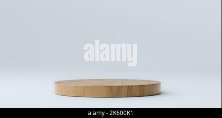 Podium aus natürlichem Holz auf weißgrauem Hintergrund mit Schatten. Schaufenster für Kosmetikprodukte, Waren, Schuhe, Taschen, Uhren. Szene für Waren, die in eco gezeigt werden Stockfoto