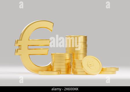Goldenes Euro-Währungszeichen. euro-Goldmünzen. Steigende Stapel von Münzen. Einsparungen und Akkumulation. Gewinnsteigerung, Budgetgebühren. Investitionen. Erhöhen inkl. Stockfoto