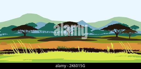 Afrikanische Savannenlandschaft. Silhouettenbild. Akazienbaum aus Afrika. Vektor. Stock Vektor