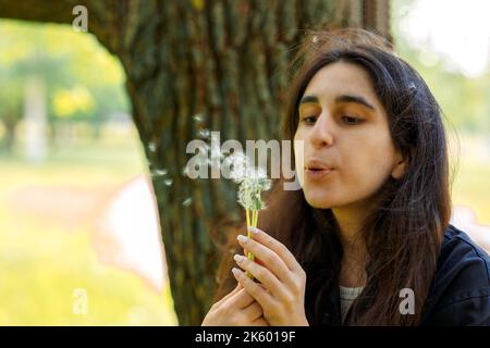 Mädchen weht von weißem Dandelion am sonnigen Sommertag. Hochwertige Fotos Stockfoto