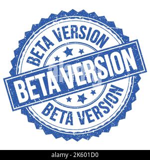 TEXT DER BETA-VERSION auf blauem runden Stempelzeichen geschrieben Stockfoto