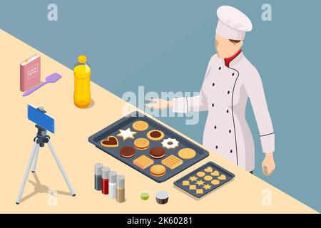 Isometrischer Koch, der Video auf der Kamera in der Küche aufführt. Chef in White Uniform, Food Blogger oder Cooking Video Blog. Der Koch macht von Hand Kekse Stock Vektor