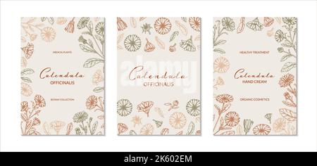 Set von vertikalen Calendula-Verpackungsdesigns mit handgezeichneten Elementen. Vektorgrafik im Skizzenstil Stock Vektor