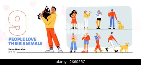 Die Menschen lieben ihre Haustiere Set. Haustierbesitzer halten Haustiere und exotische Tiere. Verschiedene glückliche Charaktere mit niedlichen Katze, Hund, Kaninchen, Schildkröte, Schlange und Hamster, vektorgrafik flach Stock Vektor