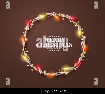Weihnachten Lichter Vektor Hintergrund-Design. Frohe weihnachten und glückliches neues Jahr Text mit Weihnachten funkelnden und glühenden Kranz Licht in braunem Hintergrund. Stock Vektor