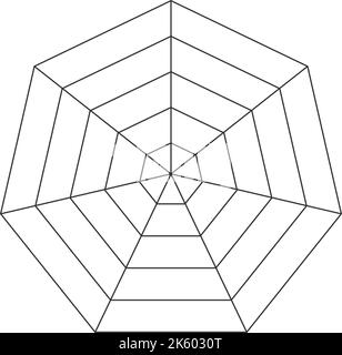 Schablone für das Diagramm der heptagonalen Radarspinne. Heptagon-Diagramm. Flaches Spinnennetz. Leere siebenseitige Radarkarte. Kiviat-Diagramm für statistische und analitische Stock Vektor