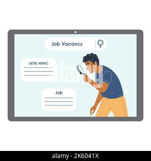 Schwarzer Mann Suche Vakanz mit Lupe auf dem Bildschirm des mobilen Geräts, Tablet, Monitor. Suchen, neue Arbeitsmöglichkeiten finden, offene Stellen, em Stock Vektor