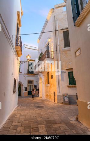 Charmante Straßenszene: Typische enge, schräge und gepflasterte Straßen mit alten Steinhäusern in der Altstadt von Gallipoli, Apulien (Apulien), Italien. Stockfoto