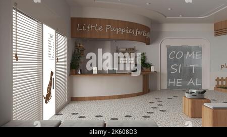 Tierklinik Warteraum in Weiß und Holztönen. Rezeptionstresen, Wohnzimmer mit Bänken und Kissen, Terrazzo-Fliesen. Eingangstür mit Stockfoto