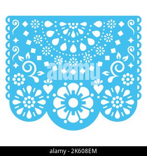 Papel Picado Vektor-Design mit geometrischen Halb-Mandala und Blumen, mexikanische Ausschnittpapier Girlande Dekoration in blau auf weißem Hintergrund Stock Vektor