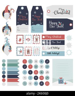 Weihnachtsvorlage und Geschenkanhänger Set mit niedlichen skandinavischen Gnomen. Briefmarken, Brief an den Weihnachtsmann, Grußkarte, verschiedene Formen und Zahlen für Stock Vektor